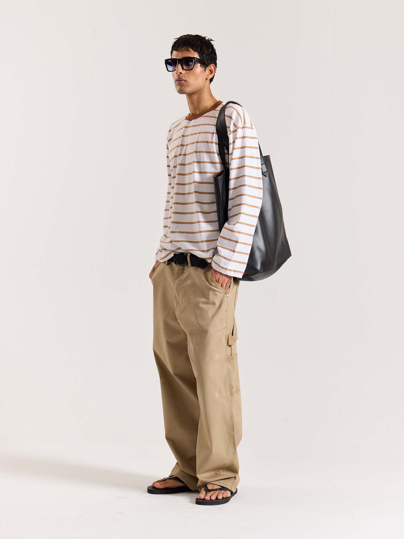 Tan & White Striped Loose Fit Cropped T-Shirt
