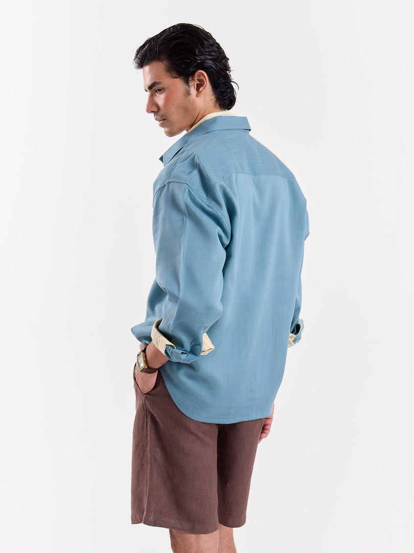 Teal Blue Linen Cropped Shirt