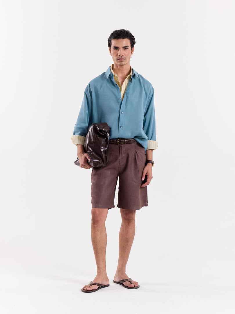 Teal Blue Linen Cropped Shirt