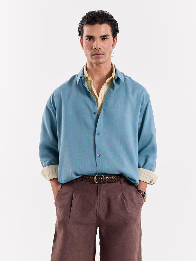 Teal Blue Linen Cropped Shirt