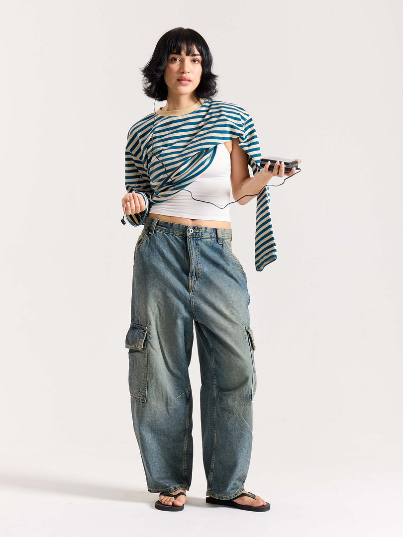 Teal Blue Striped Loose Fit Cropped T-Shirt