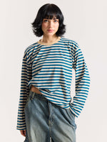 Load image into Gallery viewer, Teal Blue Striped Loose Fit Cropped T-Shirt