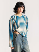 Load image into Gallery viewer, Teal Blue Striped Loose Fit Cropped T-Shirt