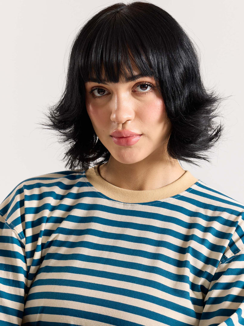 Teal Blue Striped Loose Fit Cropped T-Shirt