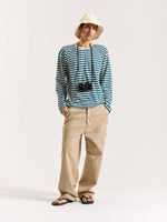 Load image into Gallery viewer, Teal Blue Striped Loose Fit Cropped T-Shirt