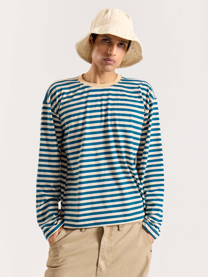 Teal Blue Striped Loose Fit Cropped T-Shirt