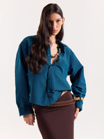 Load image into Gallery viewer, Teal Blue &amp; Black Striped Seersucker Cropped Shirt
