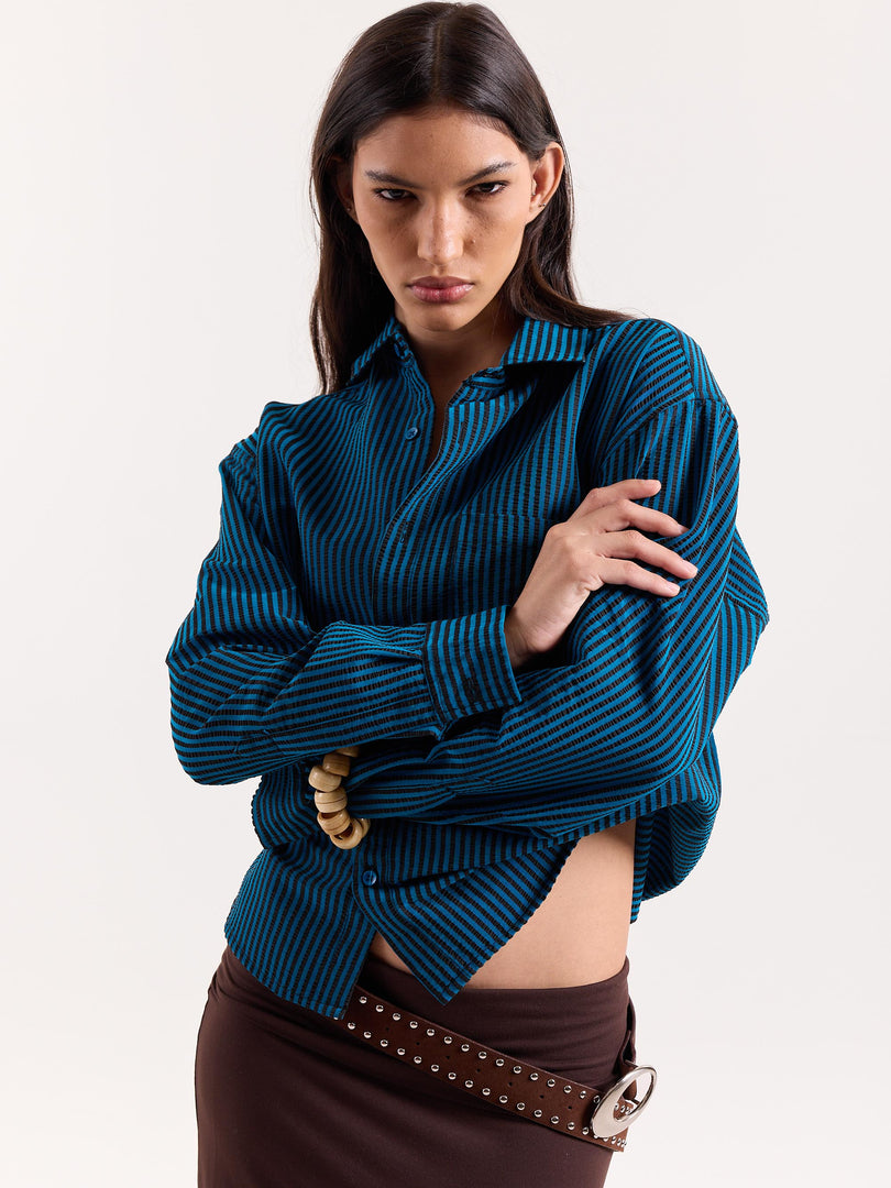 Teal Blue & Black Striped Seersucker Cropped Shirt