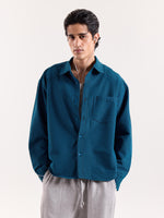 Load image into Gallery viewer, Teal Blue &amp; Black Striped Seersucker Cropped Shirt