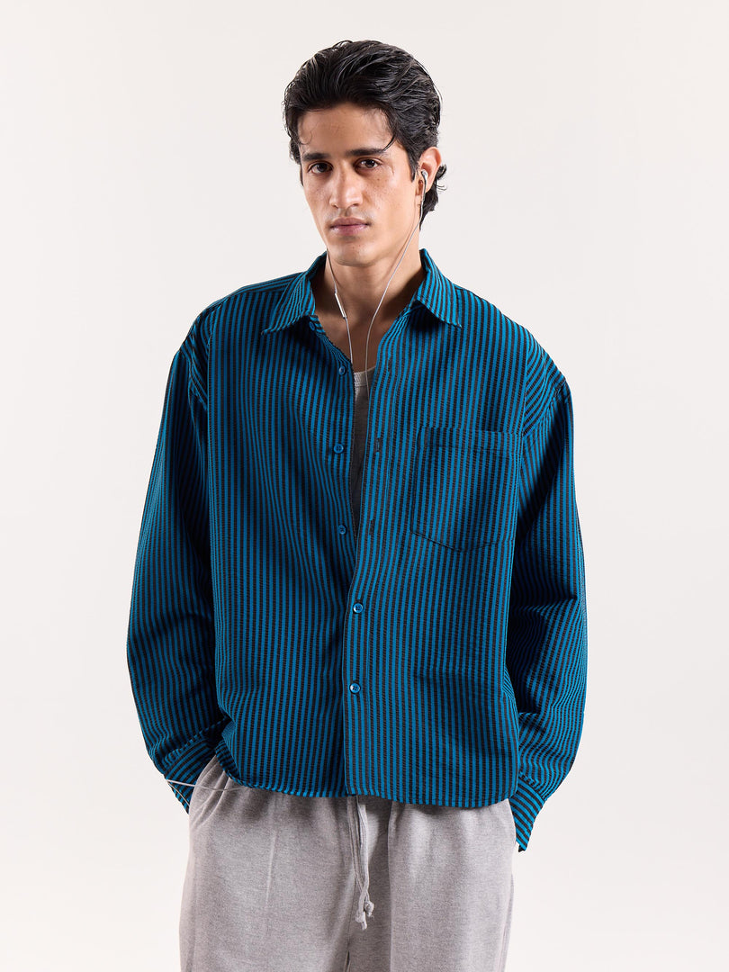 Teal Blue & Black Striped Seersucker Cropped Shirt