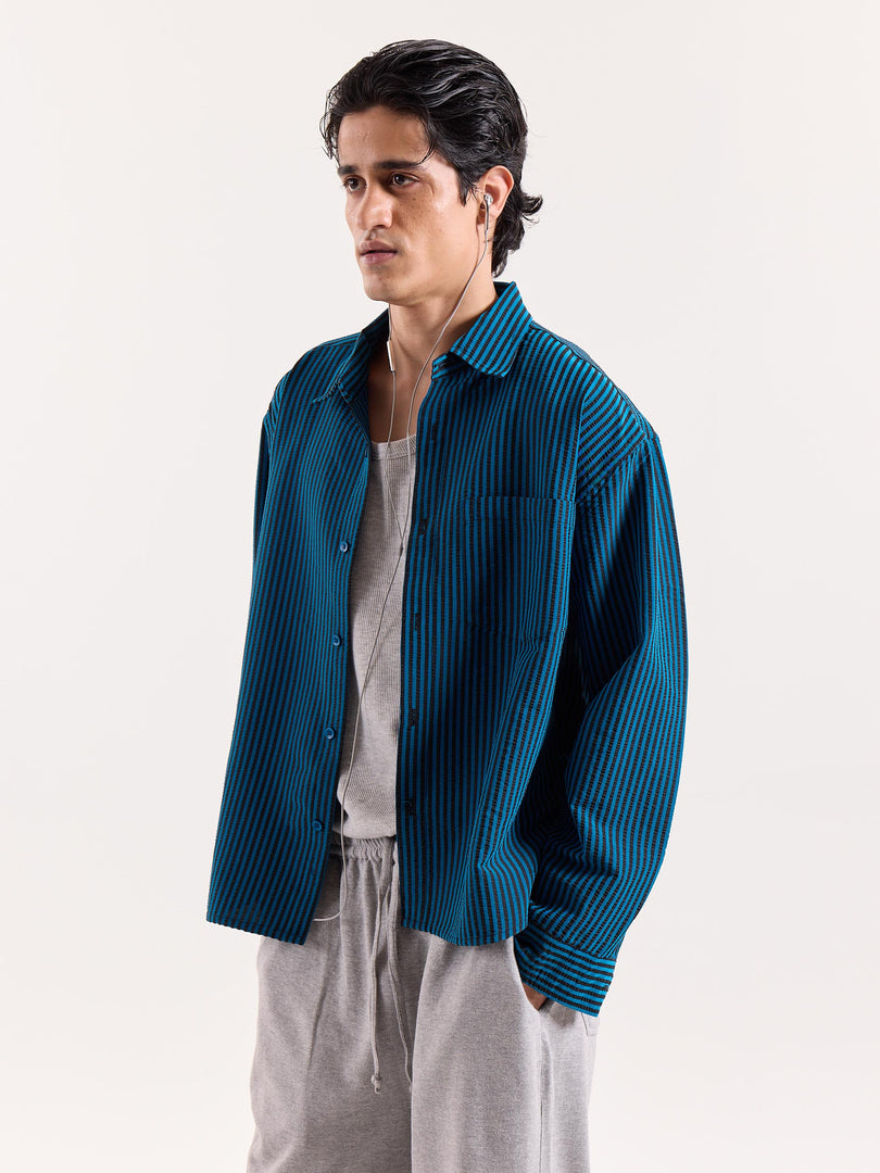 Teal Blue & Black Striped Seersucker Cropped Shirt