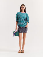 Load image into Gallery viewer, Teal Green &amp; Pink Chambray Striped Loose Fit Cropped T-Shirt