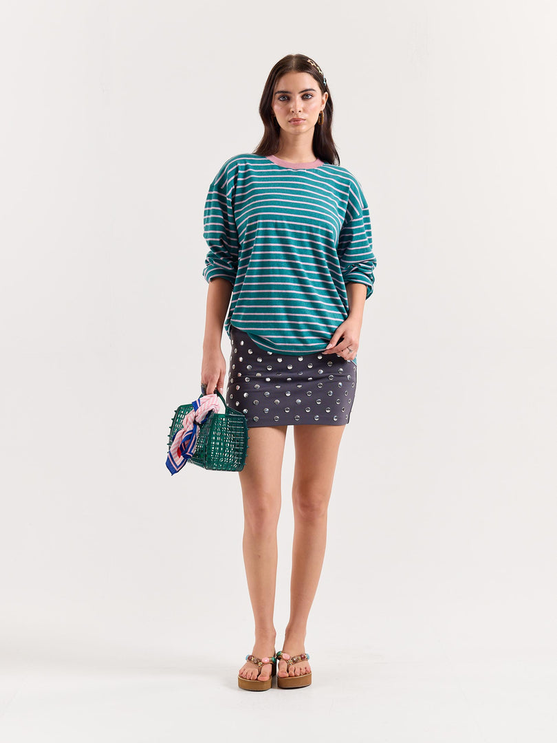 Teal Green & Pink Chambray Striped Loose Fit Cropped T-Shirt