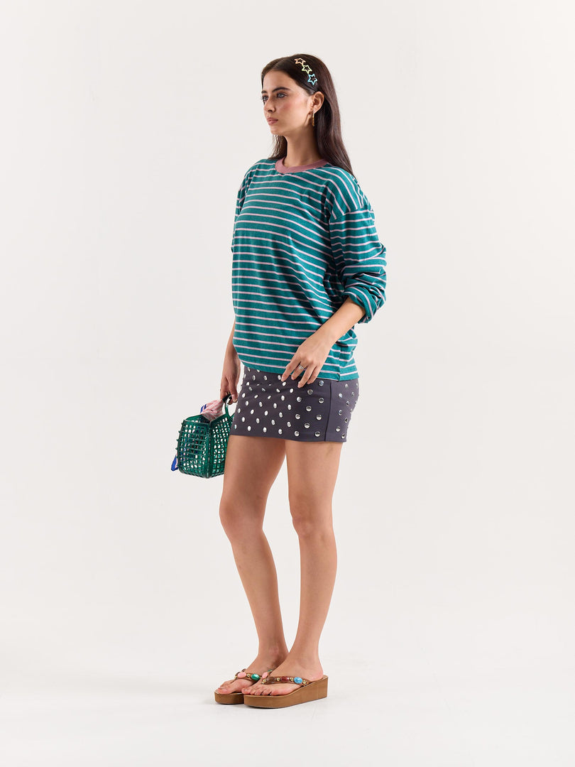 Teal Green & Pink Chambray Striped Loose Fit Cropped T-Shirt