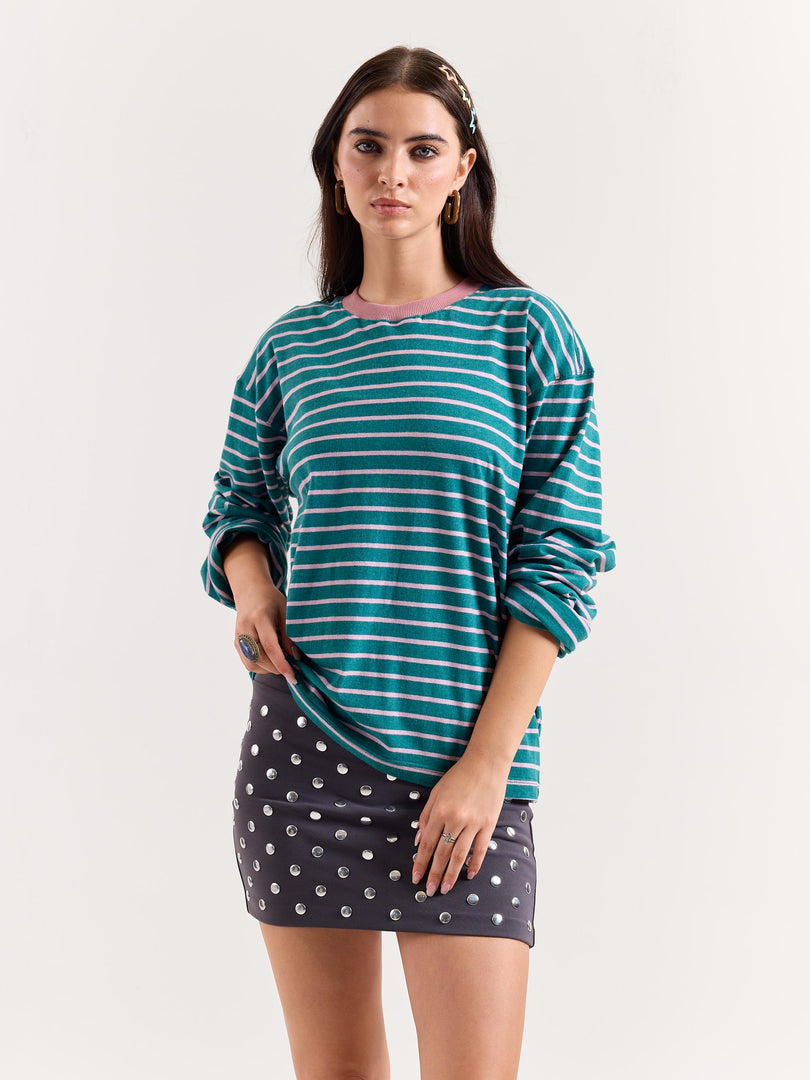 Teal Green & Pink Chambray Striped Loose Fit Cropped T-Shirt