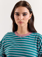Load image into Gallery viewer, Teal Green &amp; Pink Chambray Striped Loose Fit Cropped T-Shirt