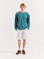 Load image into Gallery viewer, Teal Green &amp; Pink Chambray Striped Loose Fit Cropped T-Shirt