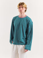 Load image into Gallery viewer, Teal Green &amp; Pink Chambray Striped Loose Fit Cropped T-Shirt