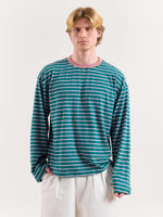 Load image into Gallery viewer, Teal Green &amp; Pink Chambray Striped Loose Fit Cropped T-Shirt
