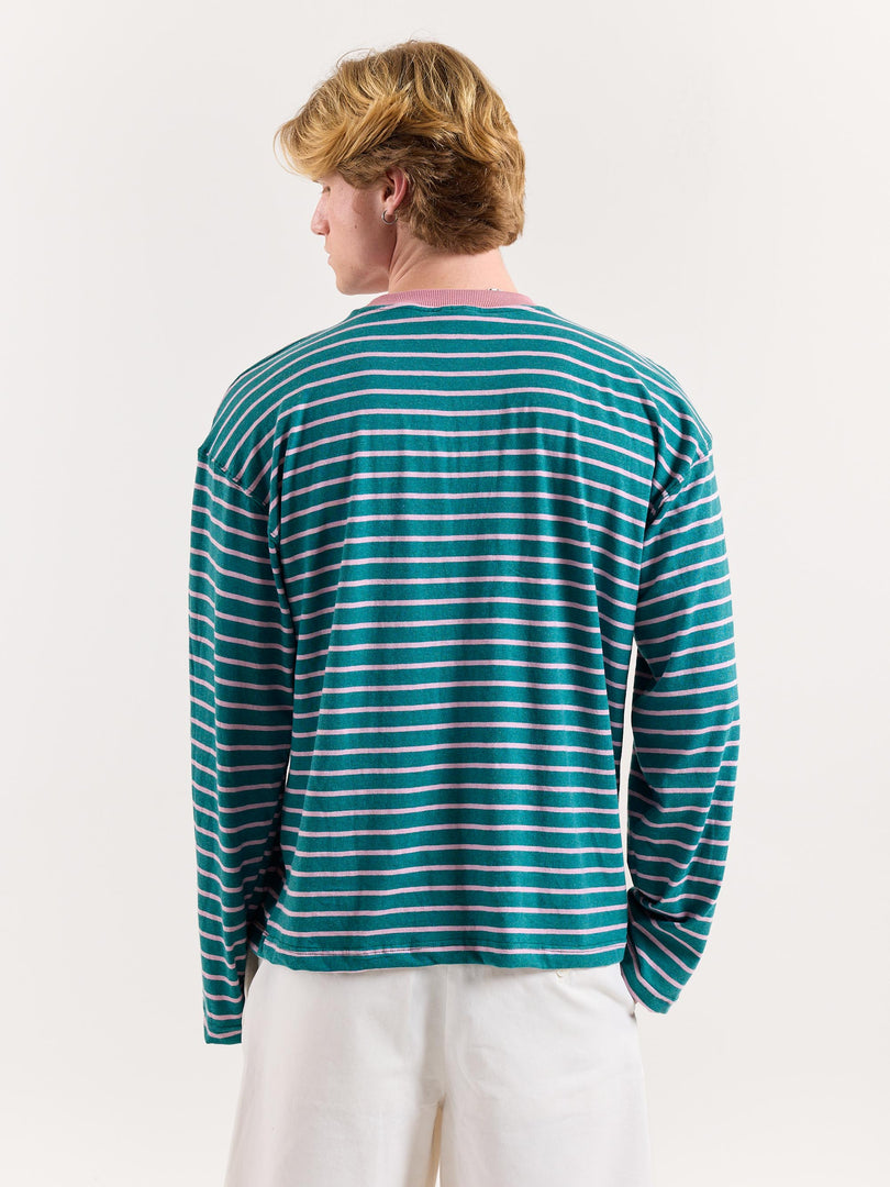 Teal Green & Pink Chambray Striped Loose Fit Cropped T-Shirt