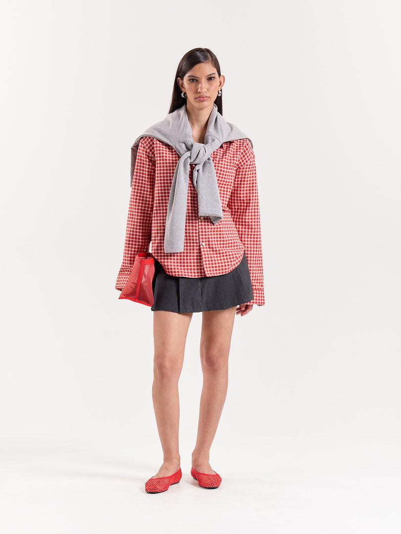 Tomato Red Gingham Checked Cropped Poplin Shirt