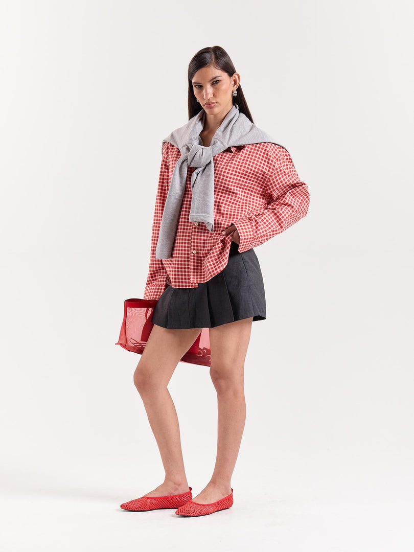 Tomato Red Gingham Checked Cropped Poplin Shirt