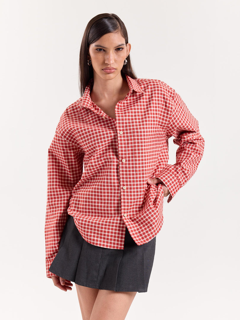 Tomato Red Gingham Checked Cropped Poplin Shirt