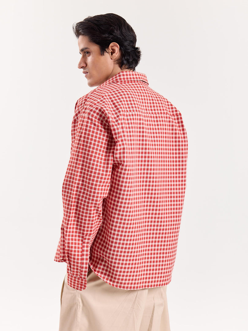 Tomato Red Gingham Checked Cropped Poplin Shirt