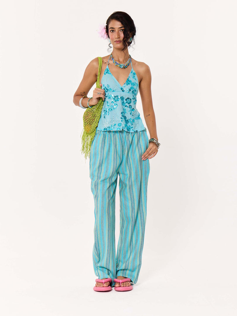 Turquoise Striped Pull-on Pants