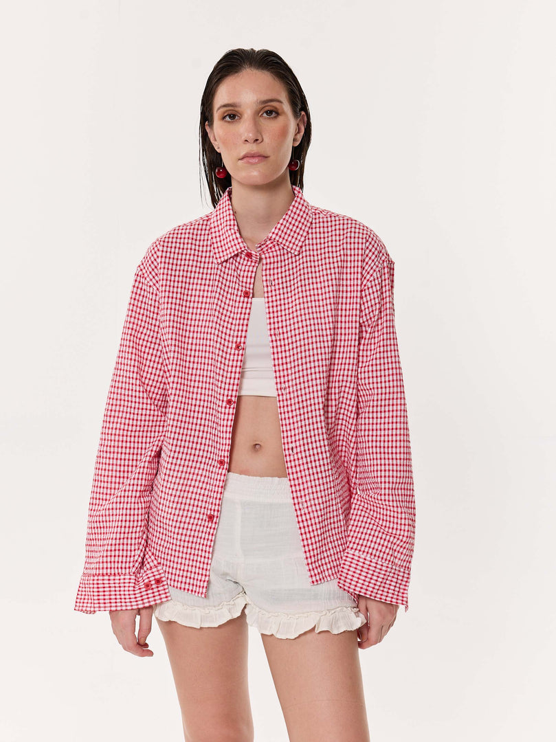 Vibrant Red Checkered Oversized Cropped Shirt