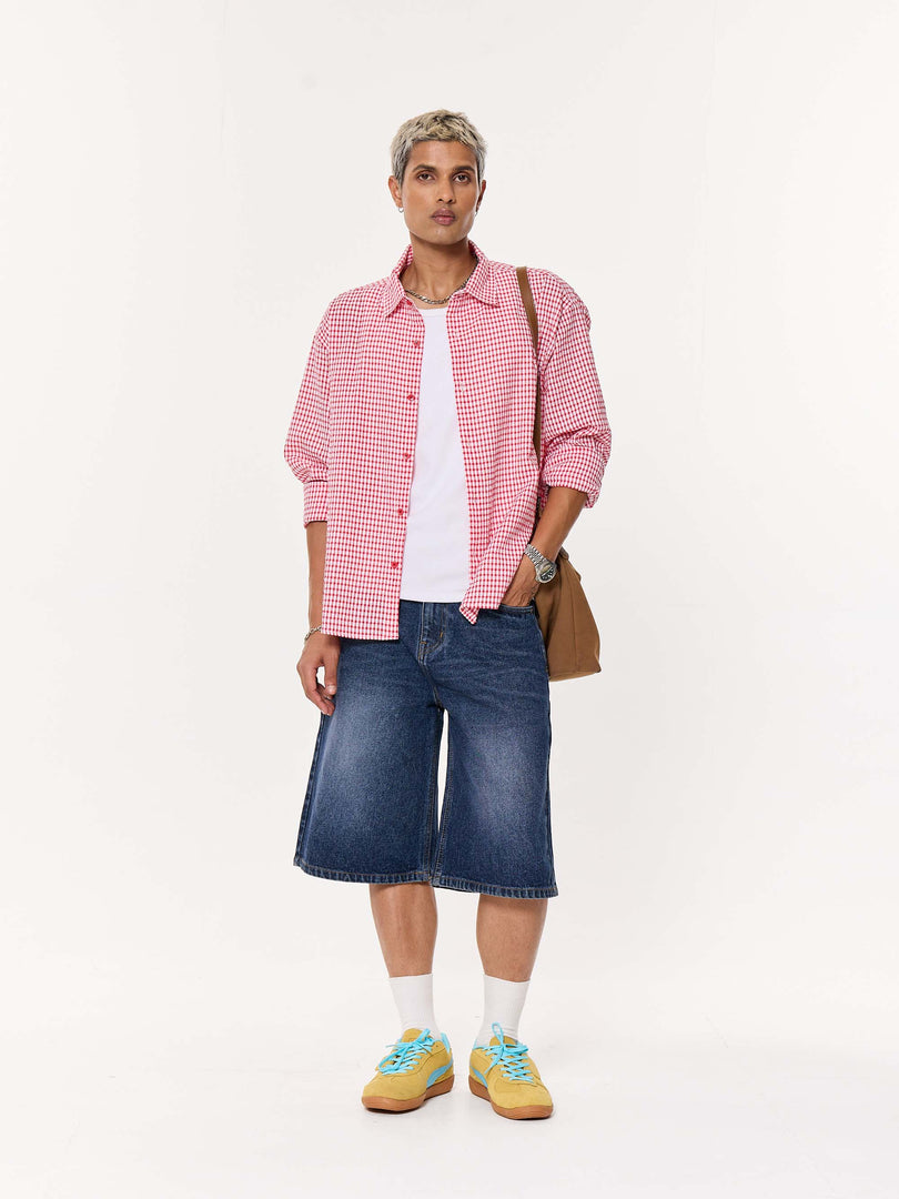 Vibrant Red Checkered Oversized Cropped Shirt