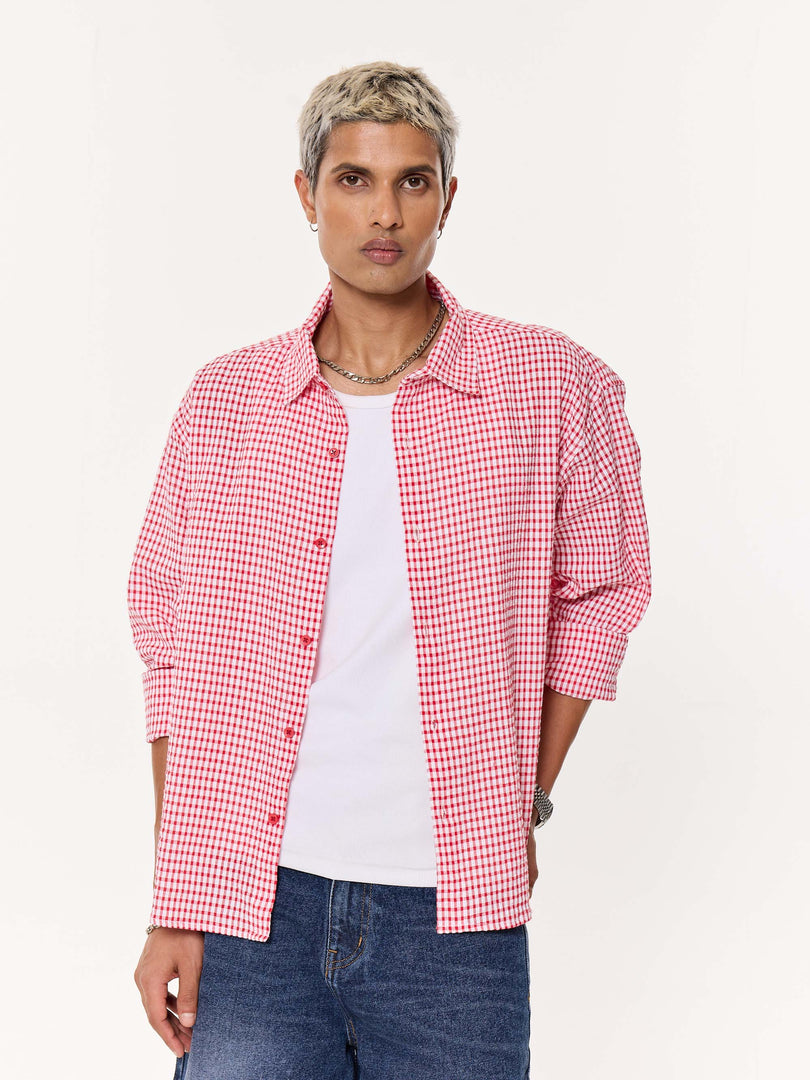 Vibrant Red Checkered Oversized Cropped Shirt