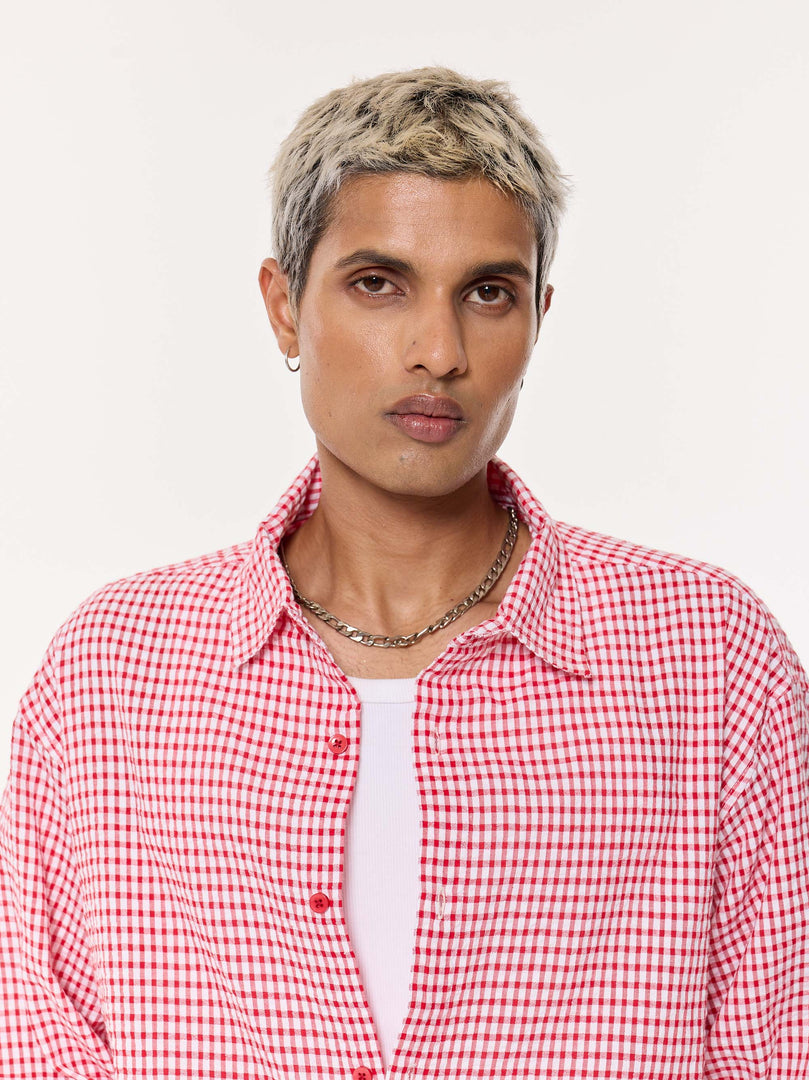 Vibrant Red Checkered Oversized Cropped Shirt