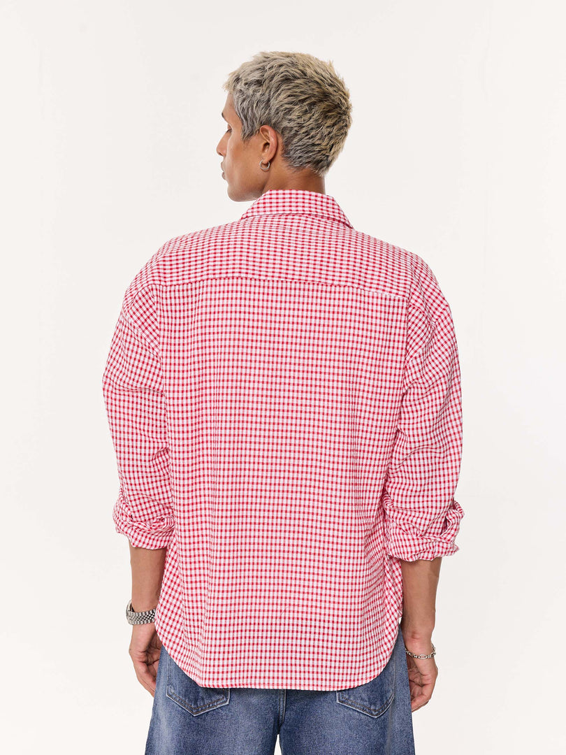 Vibrant Red Checkered Oversized Cropped Shirt