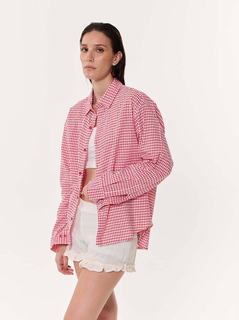 Vibrant Red Checkered Oversized Cropped Shirt
