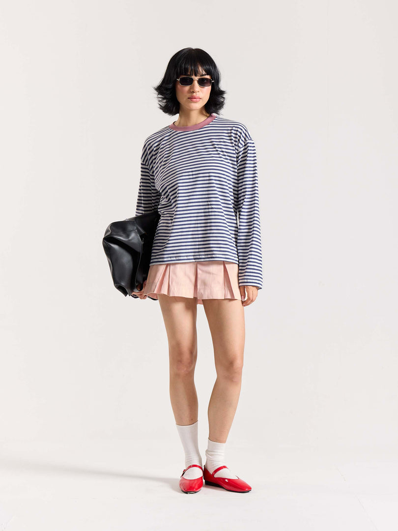 Vintage Blue Striped Loose Fit Cropped T-Shirt