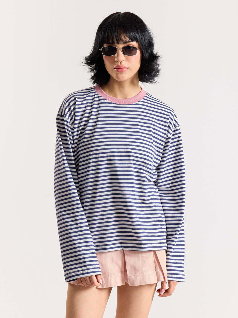 Vintage Blue Striped Loose Fit Cropped T-Shirt
