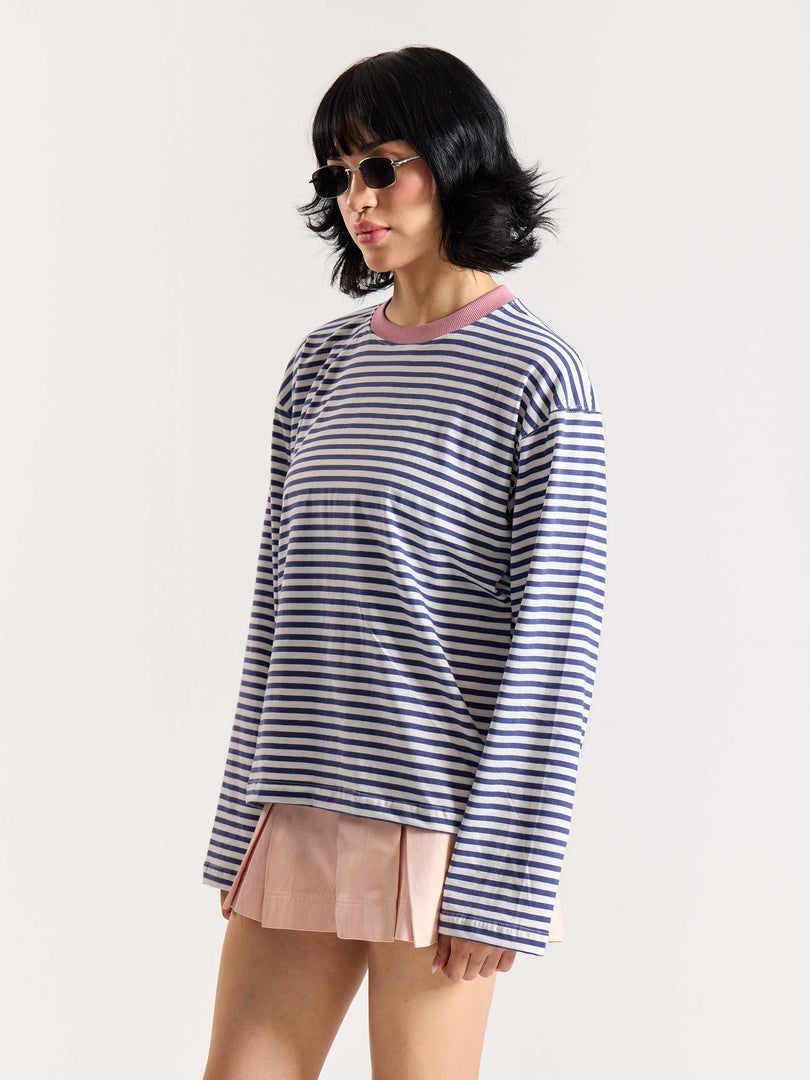 Vintage Blue Striped Loose Fit Cropped T-Shirt