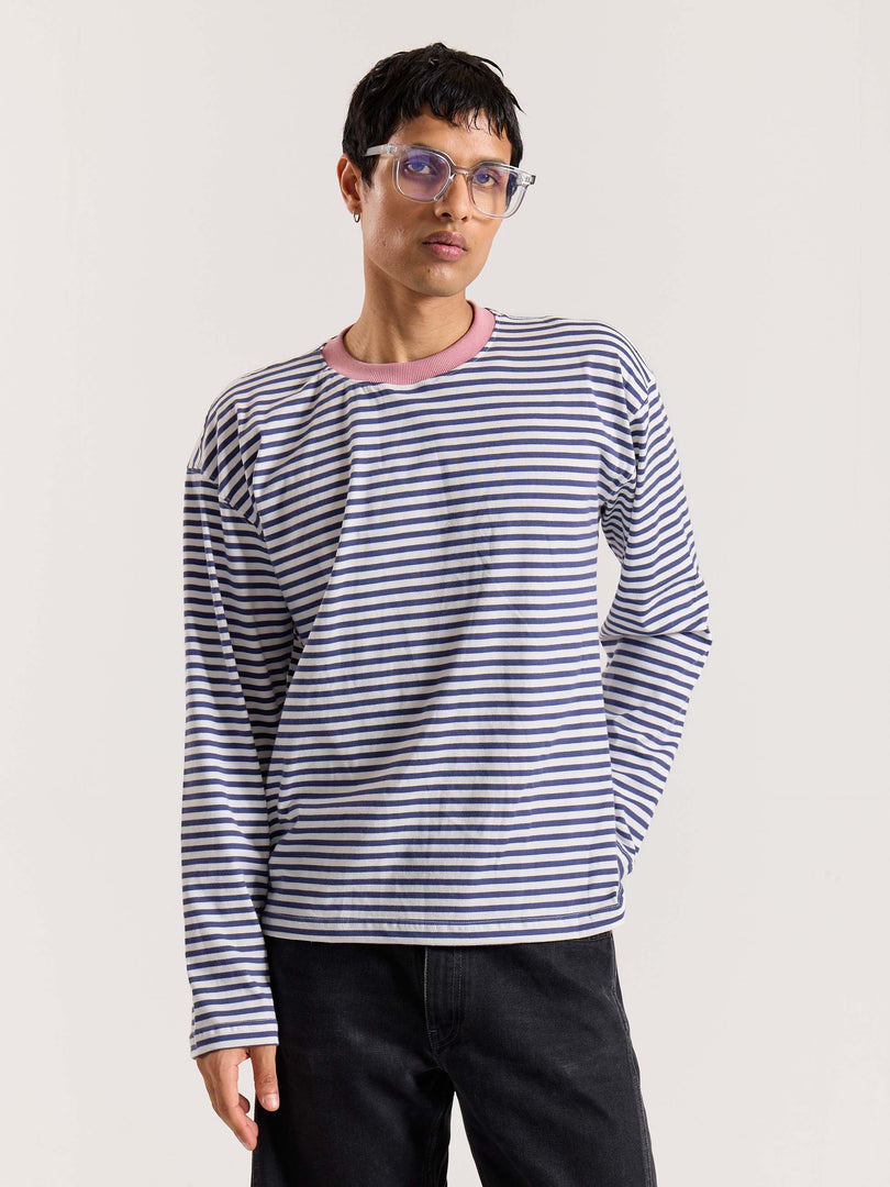 Vintage Blue Striped Loose Fit Cropped T-Shirt
