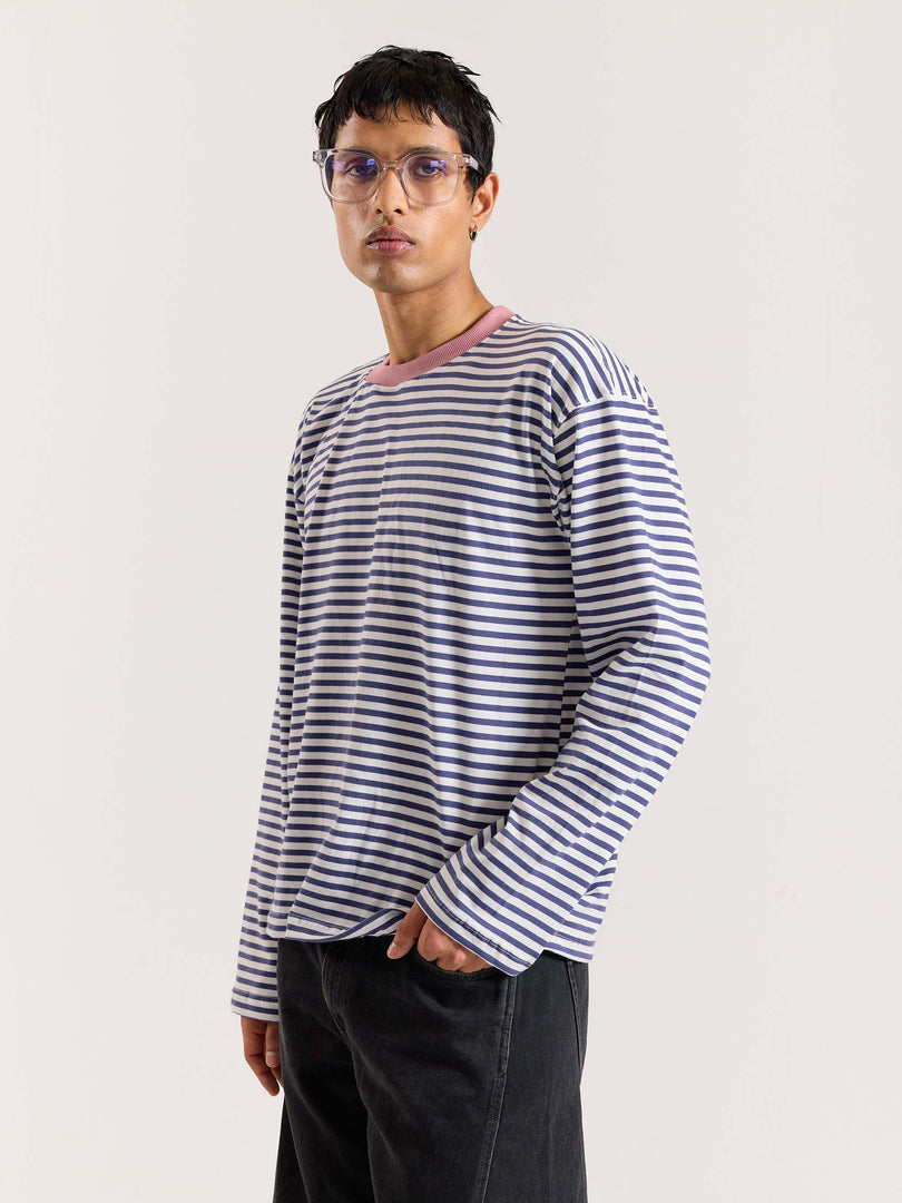 Vintage Blue Striped Loose Fit Cropped T-Shirt