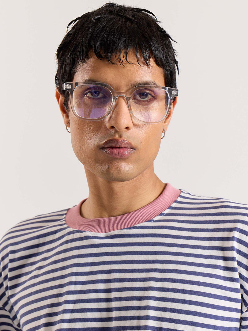 Vintage Blue Striped Loose Fit Cropped T-Shirt