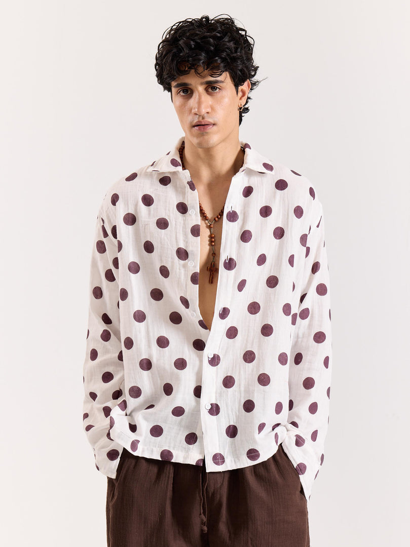 White & Brown Polka Dot Gauze Holiday Shirt