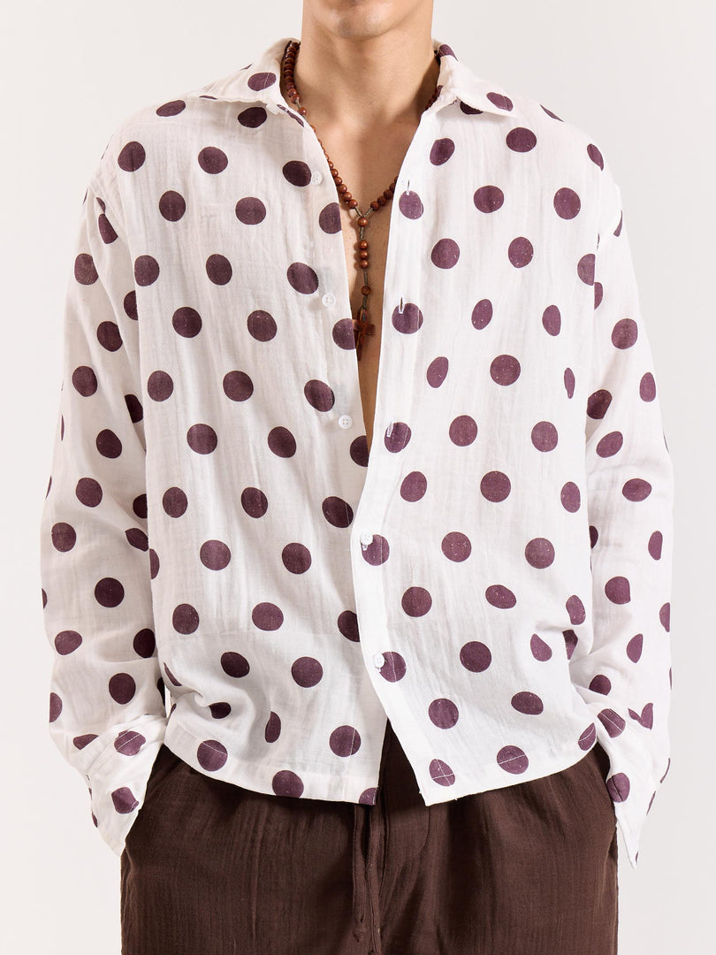 White & Brown Polka Dot Gauze Holiday Shirt
