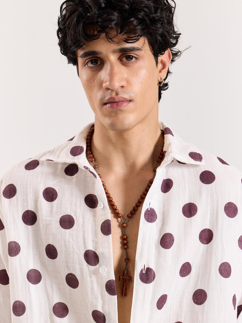 White & Brown Polka Dot Gauze Holiday Shirt