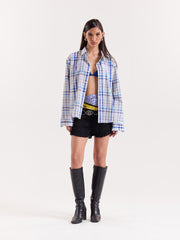 White & Blue Checkered Cropped Shirt