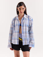 Load image into Gallery viewer, White &amp; Blue Checkered Cropped Shirt