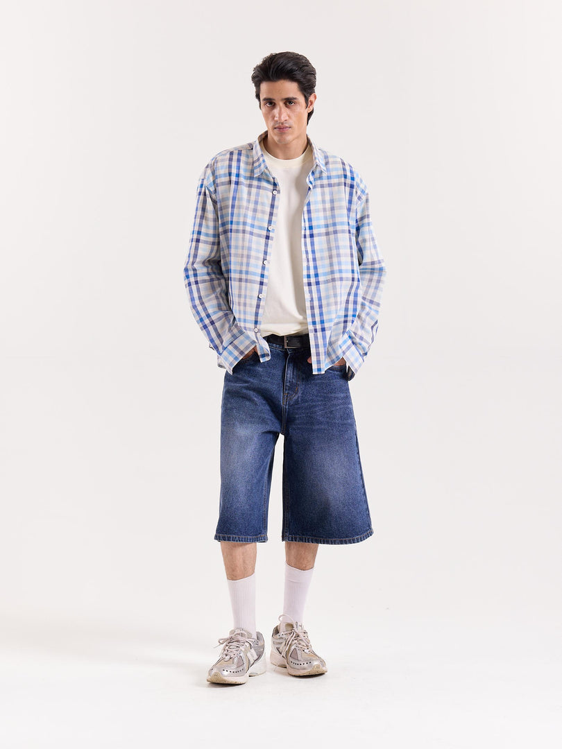 White & Blue Checkered Cropped Shirt