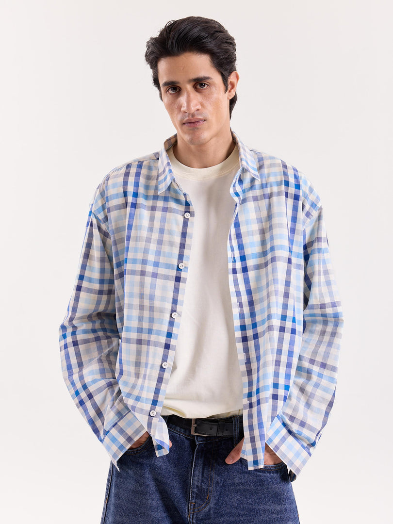 White & Blue Checkered Cropped Shirt