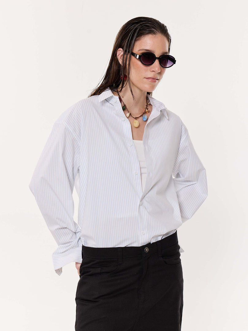White & Blue Pinstriped Oversized Cropped Shirt