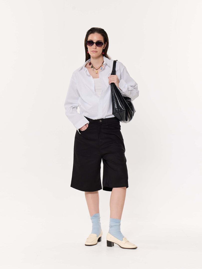White & Blue Pinstriped Oversized Cropped Shirt